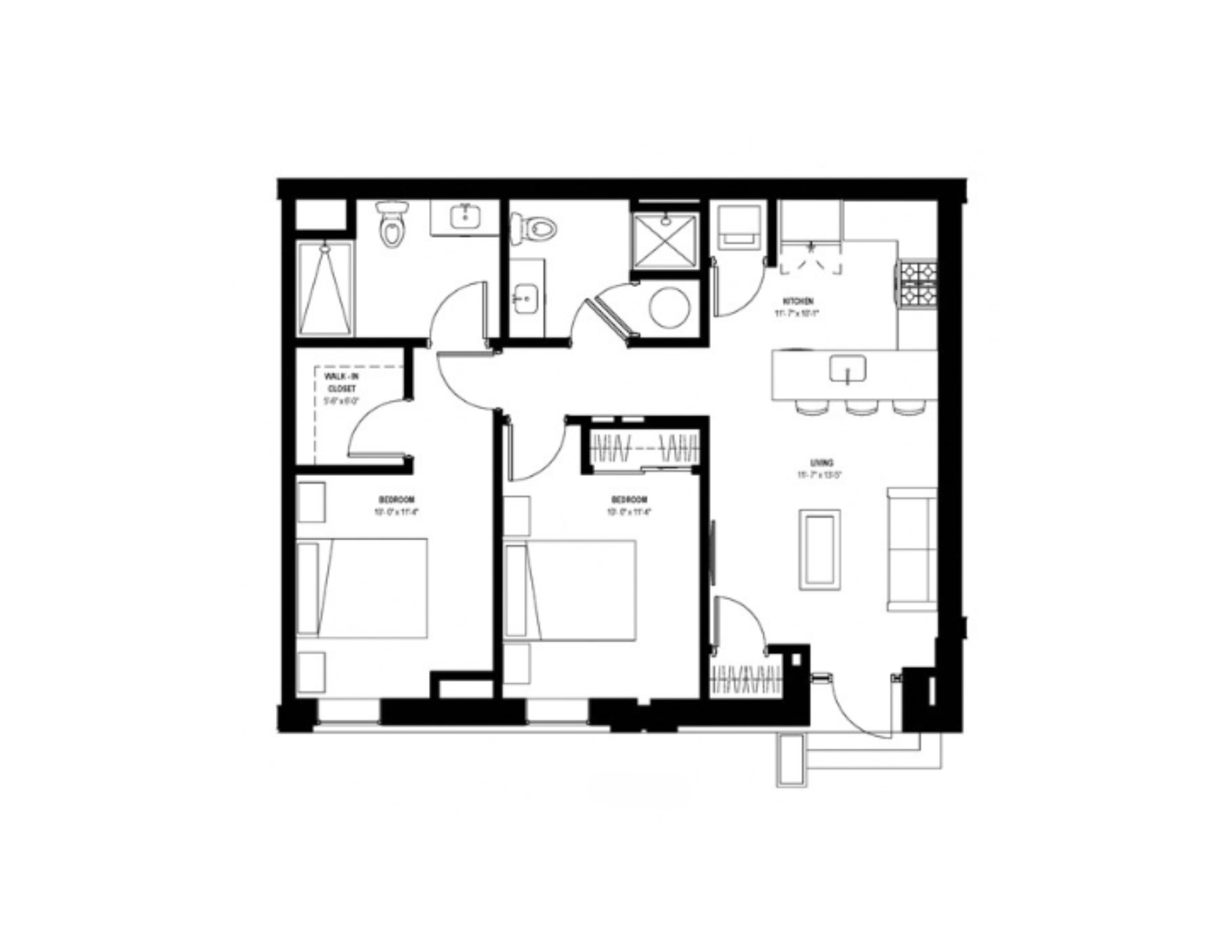 Floor plan for 2 beds, 2 baths, 877 sqft